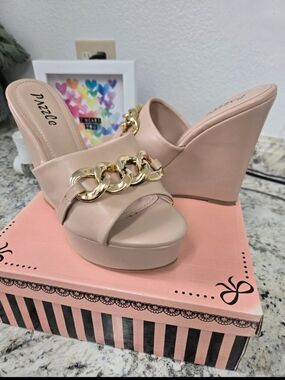 Platform Wedge Sandals with Gold Chain Accent